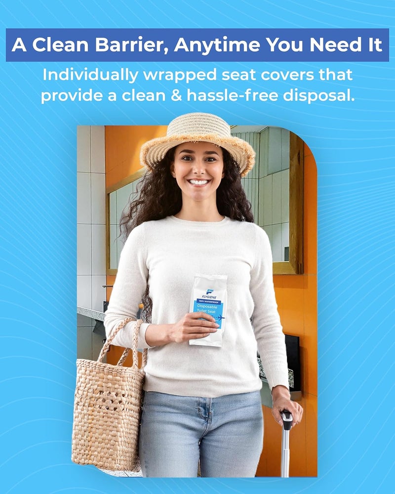 FLYGIENE Disposable Toilet Seat Covers for Travel – Waterproof, Tear-Resistant XL Toilet Liners with 2 Layers of Protection – Individually Wrapped Travel Size Toiletries - 20 Count (2 Packs of 10) - Image 3